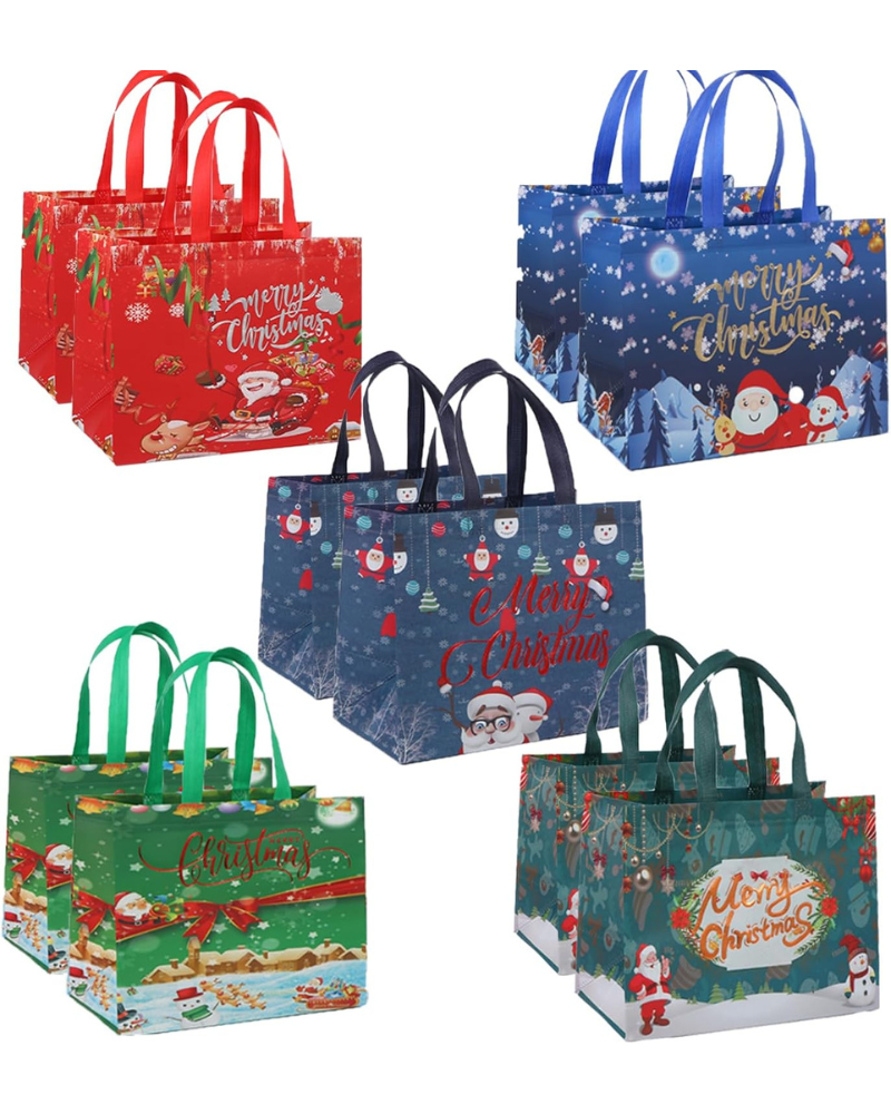 10 Pack Christmas Tote Bags, Reusable Tote Bag With Handle Non-woven Fabric Christmas Shopping Bag Foldable Waterproof Treat Grocery Bag for Xmas Gift Party Decoration