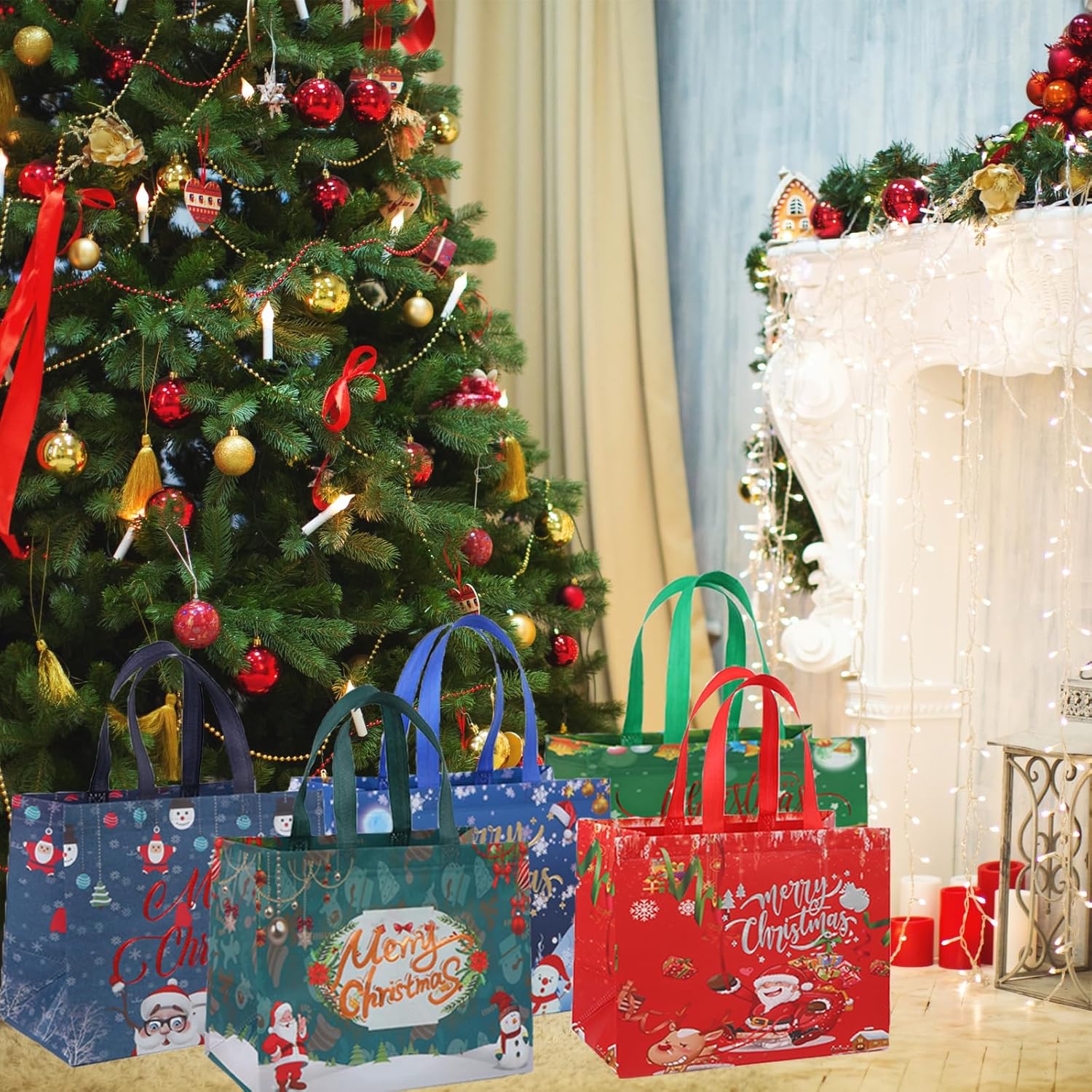 10 Pack Christmas Tote Bags, Reusable Tote Bag With Handle Non-woven Fabric Christmas Shopping Bag Foldable Waterproof Treat Grocery Bag for Xmas Gift Party Decoration