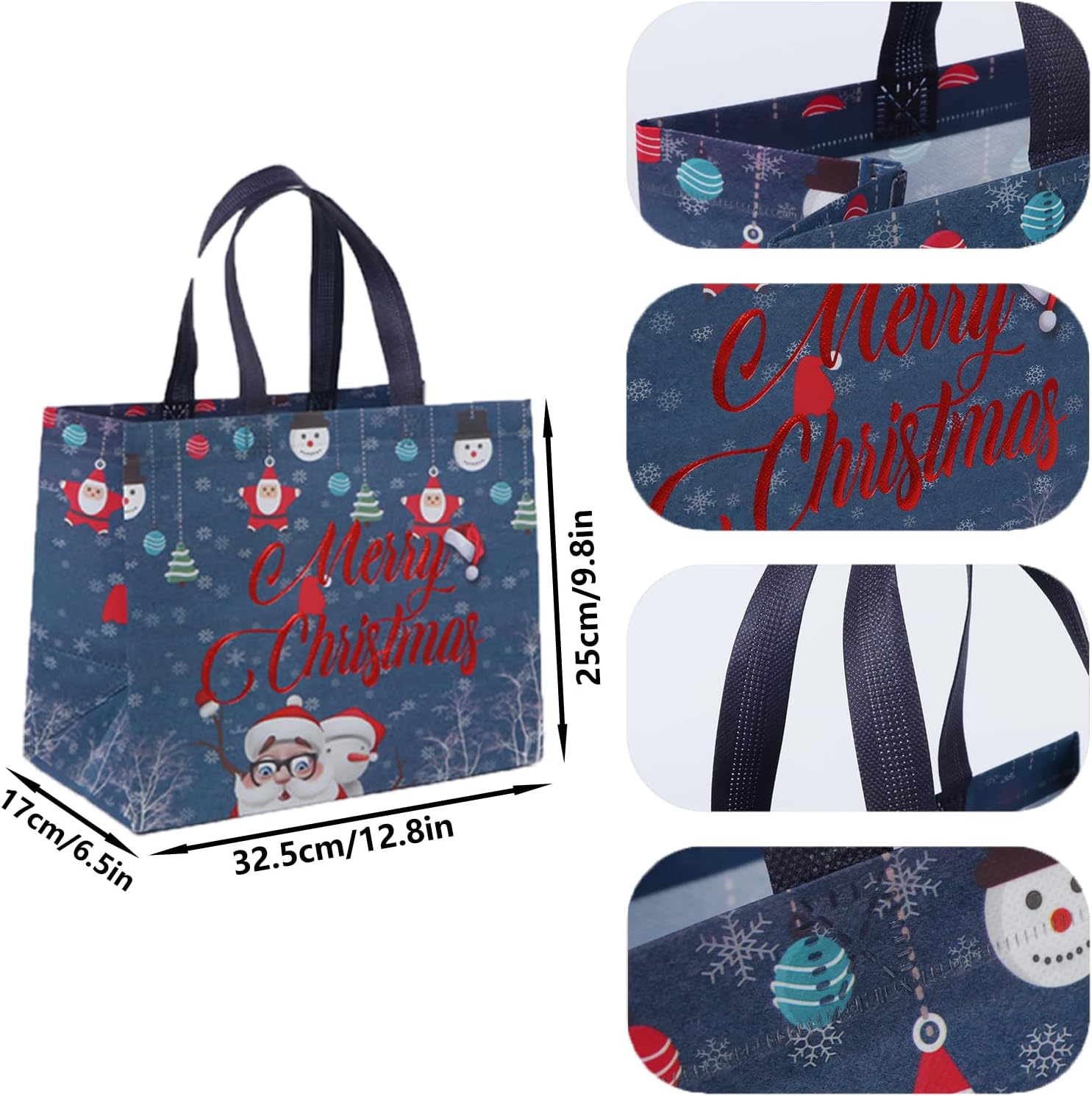 10 Pack Christmas Tote Bags, Reusable Tote Bag With Handle Non-woven Fabric Christmas Shopping Bag Foldable Waterproof Treat Grocery Bag for Xmas Gift Party Decoration