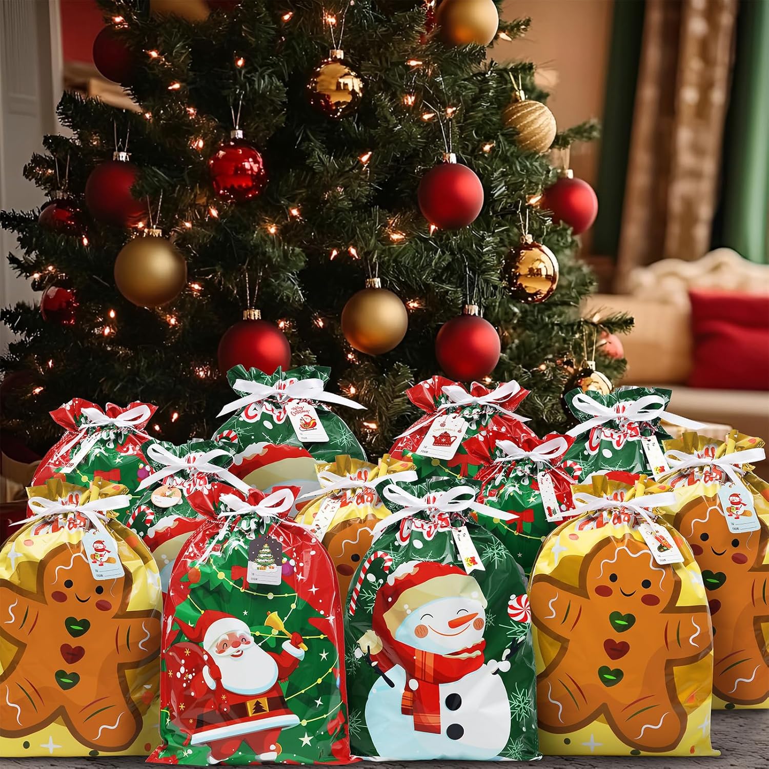 12-Pack Christmas Drawstring Gift Bags with 20 Tags – Reusable Foil Santa Claus Xmas Wrapping Bags for Large, Medium & Small Presents, Holiday, Party & Birthday Gift Wrap