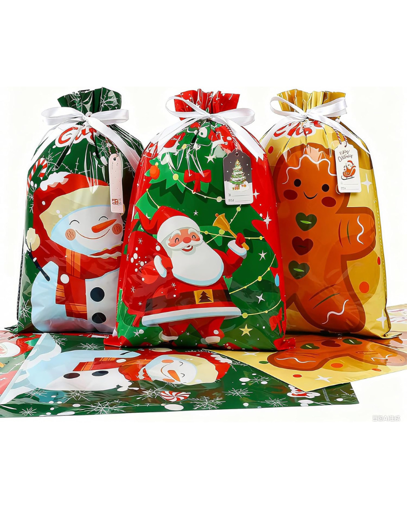 12-Pack Christmas Drawstring Gift Bags with 20 Tags – Reusable Foil Santa Claus Xmas Wrapping Bags for Large, Medium & Small Presents, Holiday, Party & Birthday Gift Wrap
