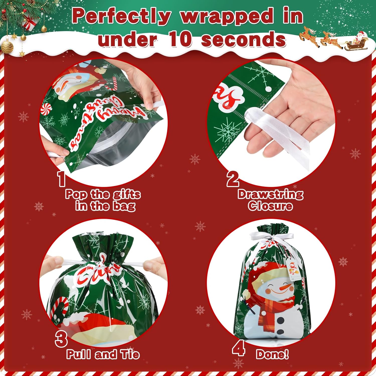 12-Pack Christmas Drawstring Gift Bags with 20 Tags – Reusable Foil Santa Claus Xmas Wrapping Bags for Large, Medium & Small Presents, Holiday, Party & Birthday Gift Wrap