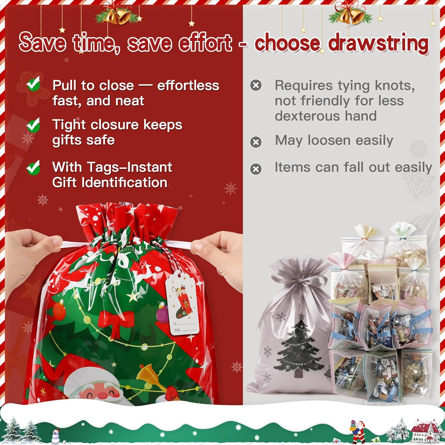 12-Pack Christmas Drawstring Gift Bags with 20 Tags – Reusable Foil Santa Claus Xmas Wrapping Bags for Large, Medium & Small Presents, Holiday, Party & Birthday Gift Wrap