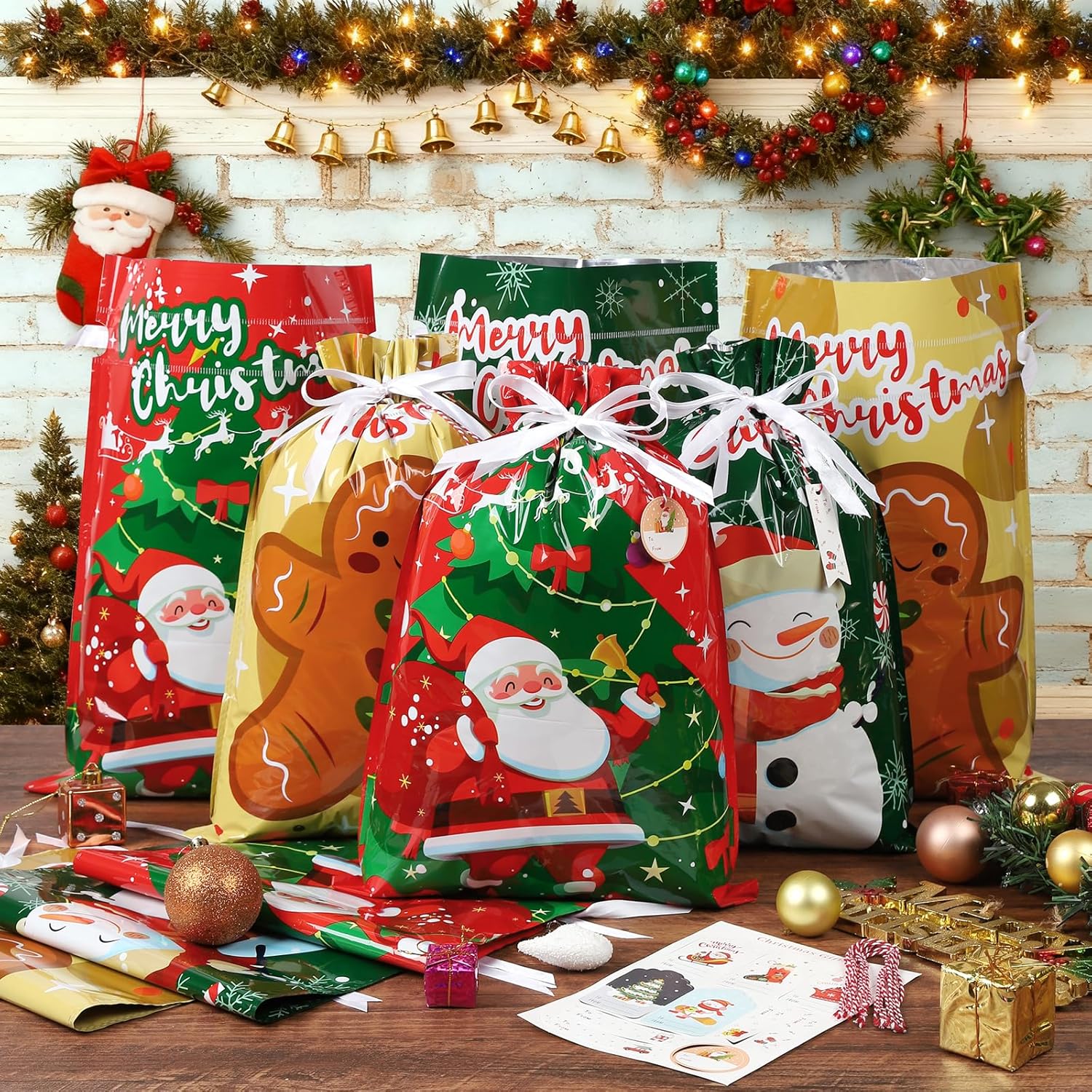 12-Pack Christmas Drawstring Gift Bags with 20 Tags – Reusable Foil Santa Claus Xmas Wrapping Bags for Large, Medium & Small Presents, Holiday, Party & Birthday Gift Wrap