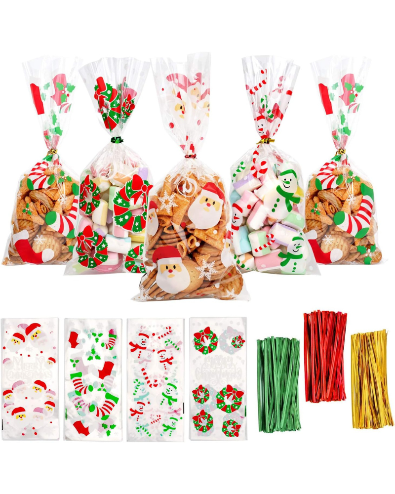 120 Pack Christmas Candy Cookie Bags – Clear Cellophane Treat Bags with Twist Ties, 4 Festive Designs for Holiday Cookies, Snacks, Candies & Party Favors | Christmas Goodie Bags for Gifts & Party Supplies