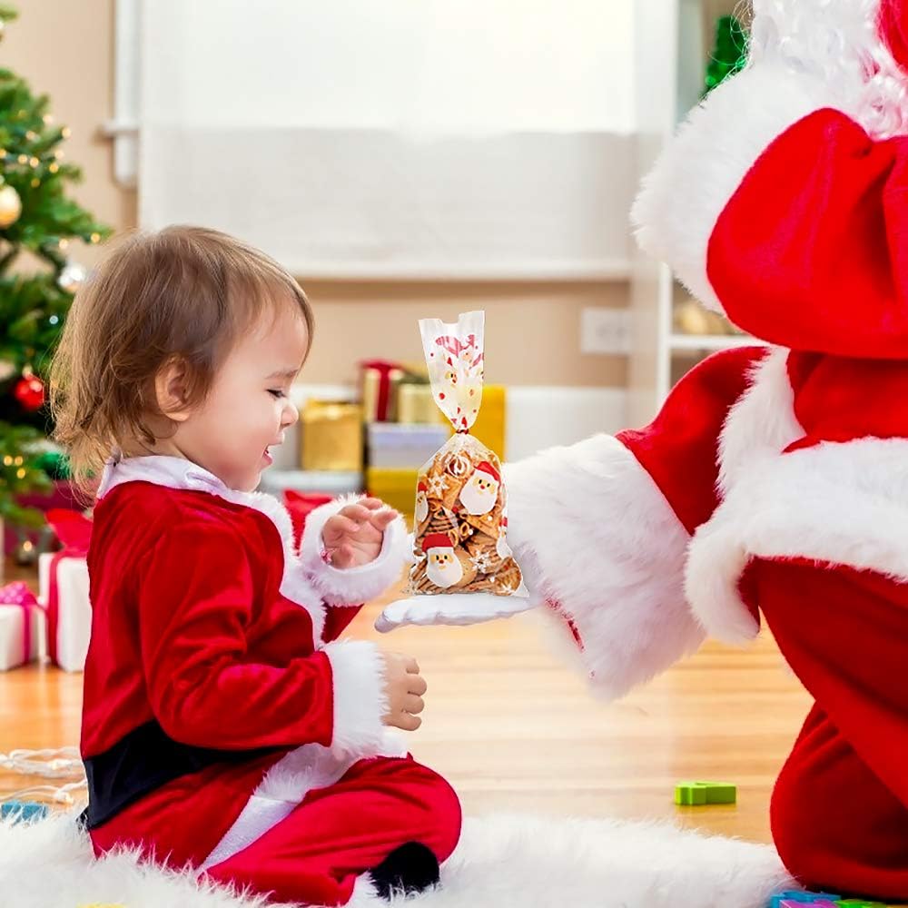 120 Pack Christmas Candy Cookie Bags – Clear Cellophane Treat Bags with Twist Ties, 4 Festive Designs for Holiday Cookies, Snacks, Candies & Party Favors | Christmas Goodie Bags for Gifts & Party Supplies