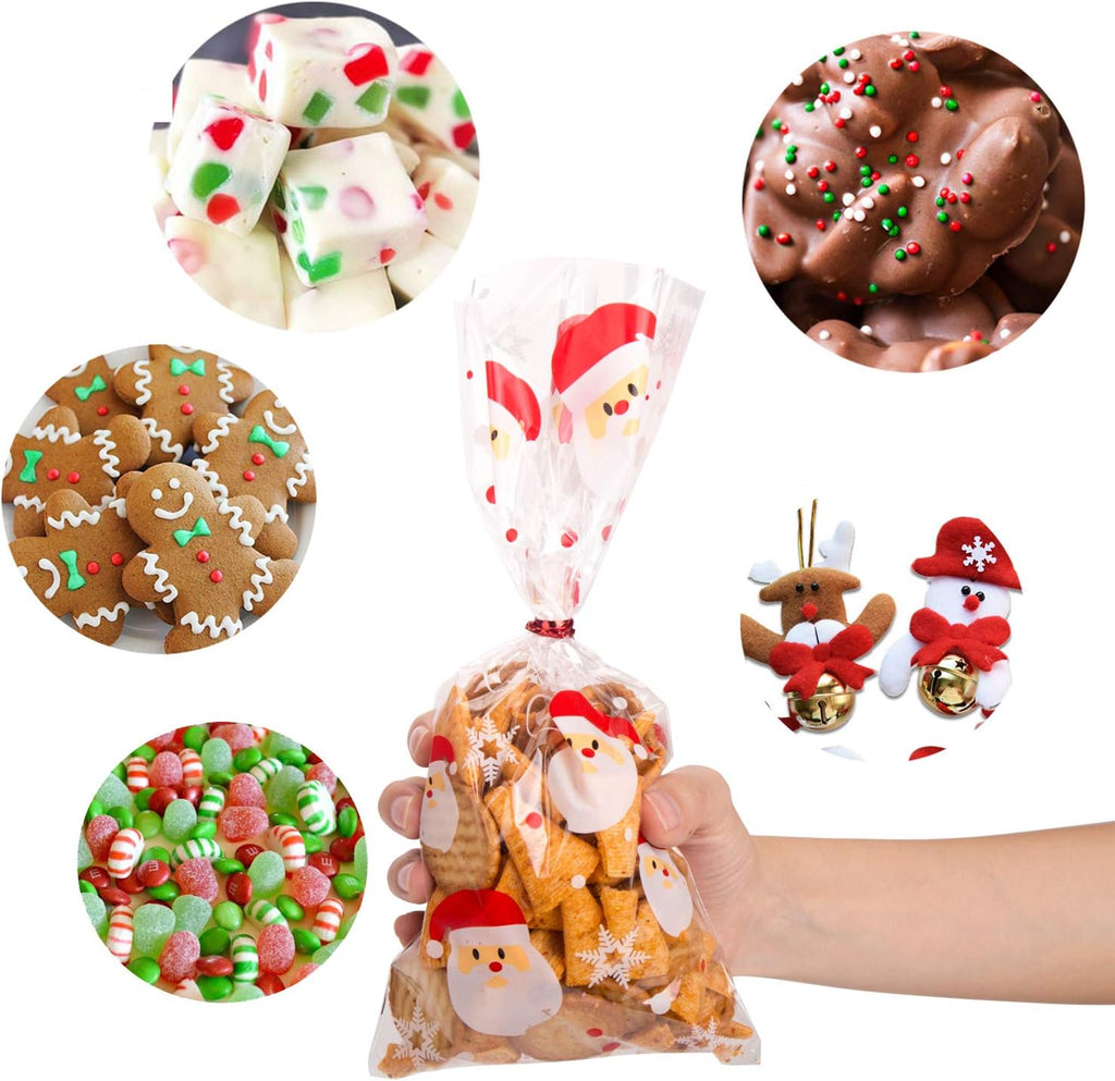 120 Pack Christmas Candy Cookie Bags – Clear Cellophane Treat Bags with Twist Ties, 4 Festive Designs for Holiday Cookies, Snacks, Candies & Party Favors | Christmas Goodie Bags for Gifts & Party Supplies