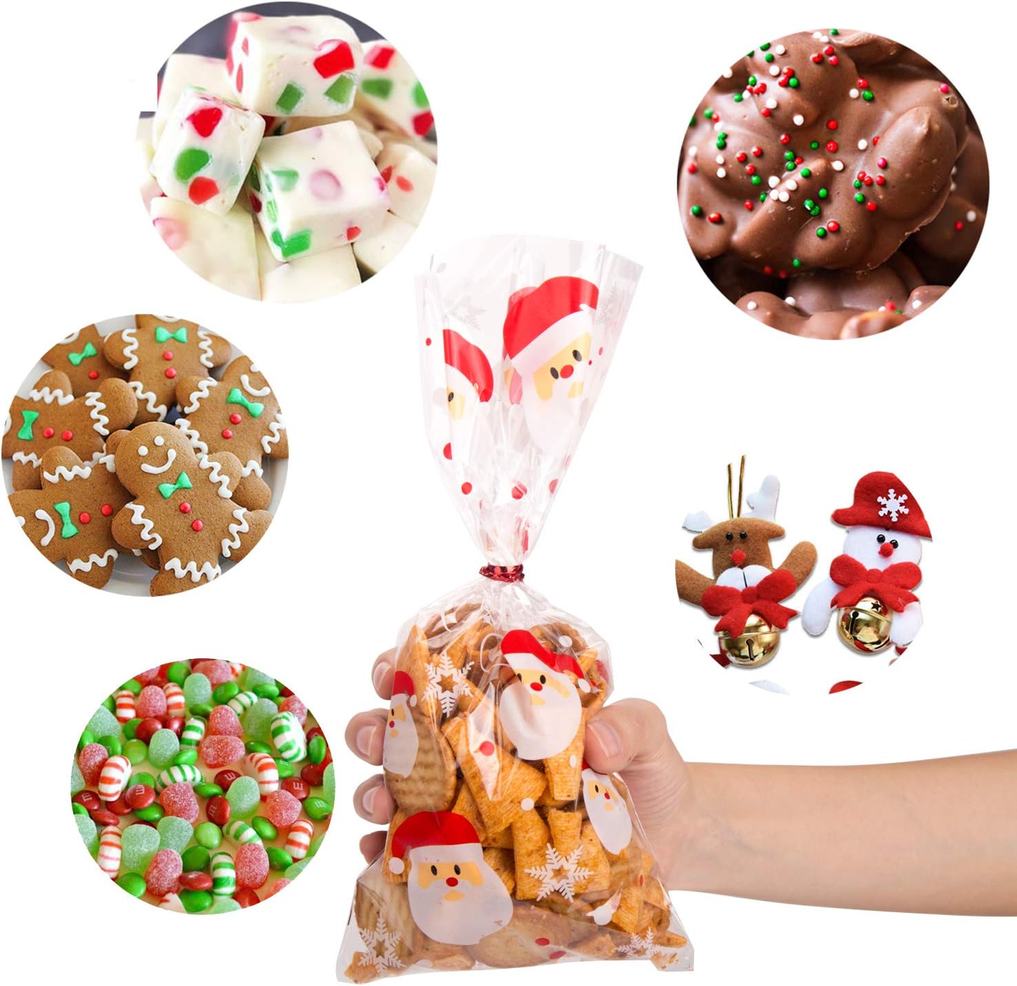 120 Pack Christmas Candy Cookie Bags – Clear Cellophane Treat Bags with Twist Ties, 4 Festive Designs for Holiday Cookies, Snacks, Candies & Party Favors | Christmas Goodie Bags for Gifts & Party Supplies