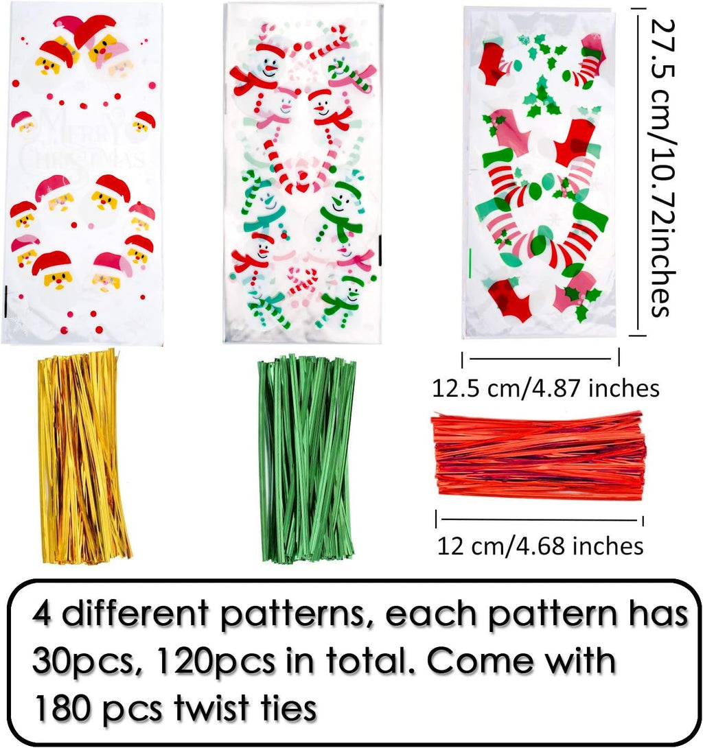 120 Pack Christmas Candy Cookie Bags – Clear Cellophane Treat Bags with Twist Ties, 4 Festive Designs for Holiday Cookies, Snacks, Candies & Party Favors | Christmas Goodie Bags for Gifts & Party Supplies