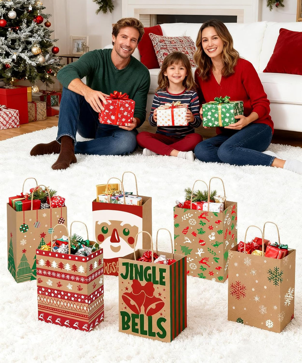 12 Pack Christmas Gift Bags with Handles – 6 Festive Designs Kraft Paper Gift Bags for Holiday Presents, Xmas Party Supplies & Gift Wrapping | Reusable Medium Kraft Bags 180×85×230mm