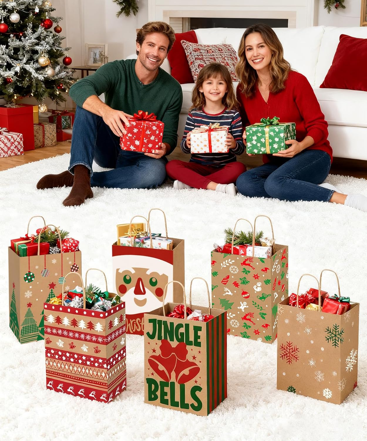 12 Pack Christmas Gift Bags with Handles – 6 Festive Designs Kraft Paper Gift Bags for Holiday Presents, Xmas Party Supplies & Gift Wrapping | Reusable Medium Kraft Bags 180×85×230mm