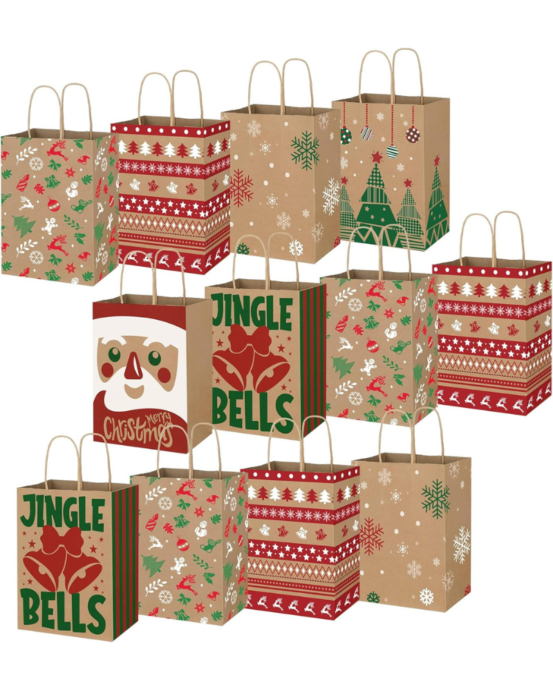 12 Pack Christmas Gift Bags with Handles – 6 Festive Designs Kraft Paper Gift Bags for Holiday Presents, Xmas Party Supplies & Gift Wrapping | Reusable Medium Kraft Bags 180×85×230mm