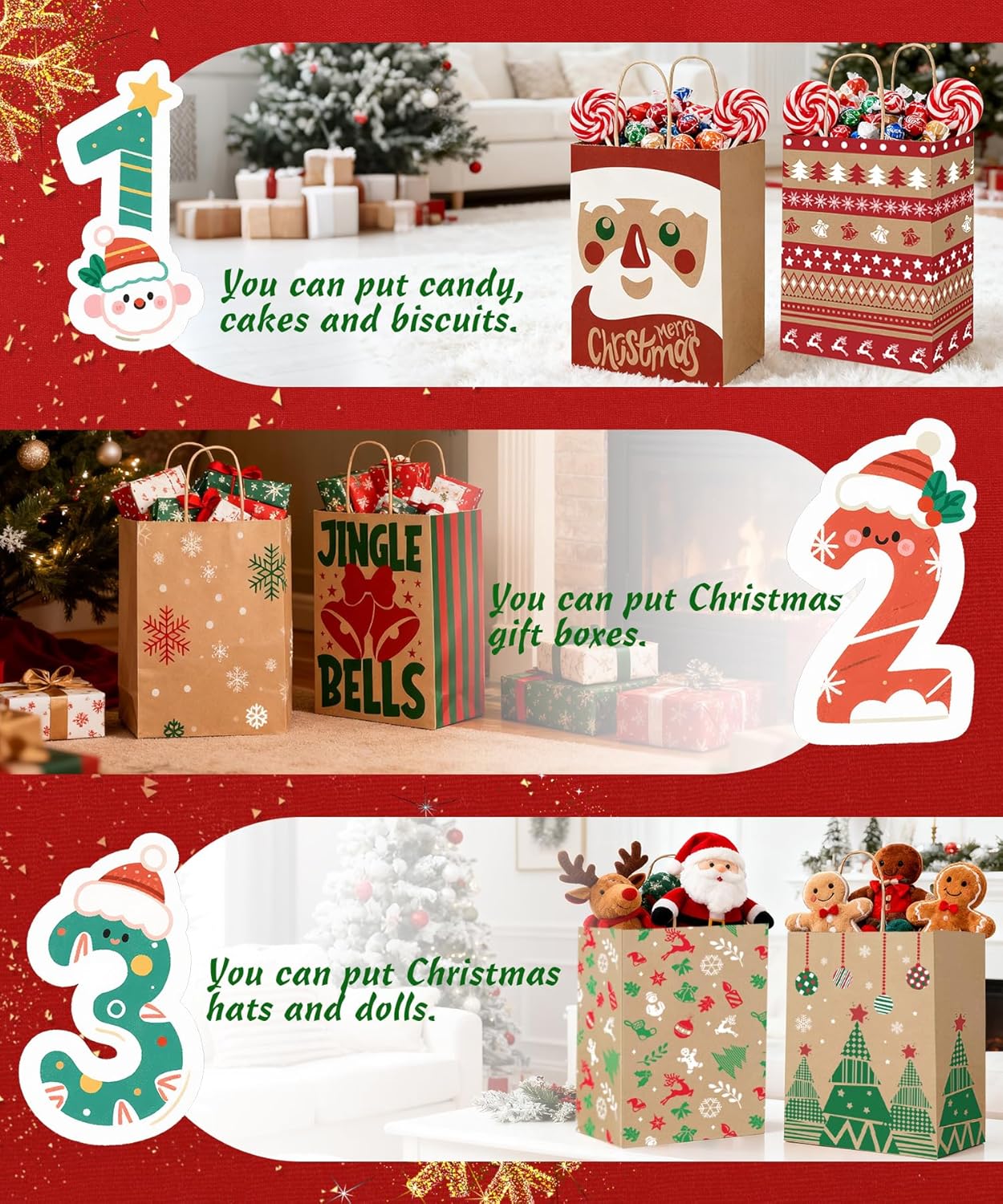 12 Pack Christmas Gift Bags with Handles – 6 Festive Designs Kraft Paper Gift Bags for Holiday Presents, Xmas Party Supplies & Gift Wrapping | Reusable Medium Kraft Bags 180×85×230mm