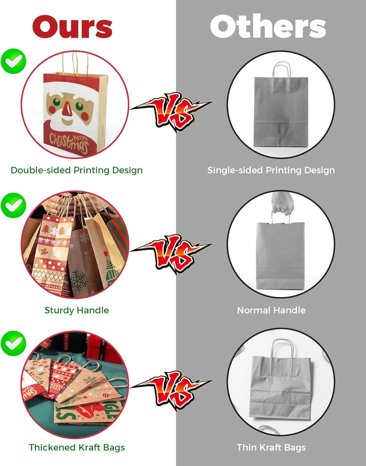 12 Pack Christmas Gift Bags with Handles – 6 Festive Designs Kraft Paper Gift Bags for Holiday Presents, Xmas Party Supplies & Gift Wrapping | Reusable Medium Kraft Bags 180×85×230mm