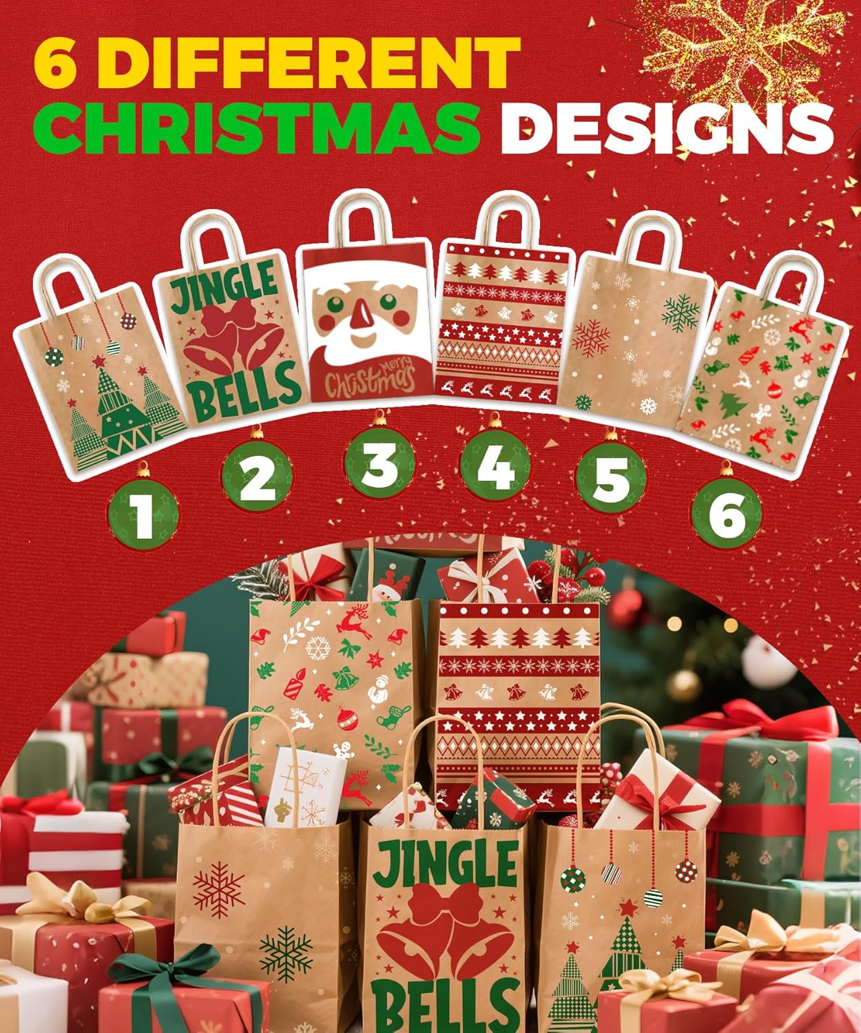 12 Pack Christmas Gift Bags with Handles – 6 Festive Designs Kraft Paper Gift Bags for Holiday Presents, Xmas Party Supplies & Gift Wrapping | Reusable Medium Kraft Bags 180×85×230mm