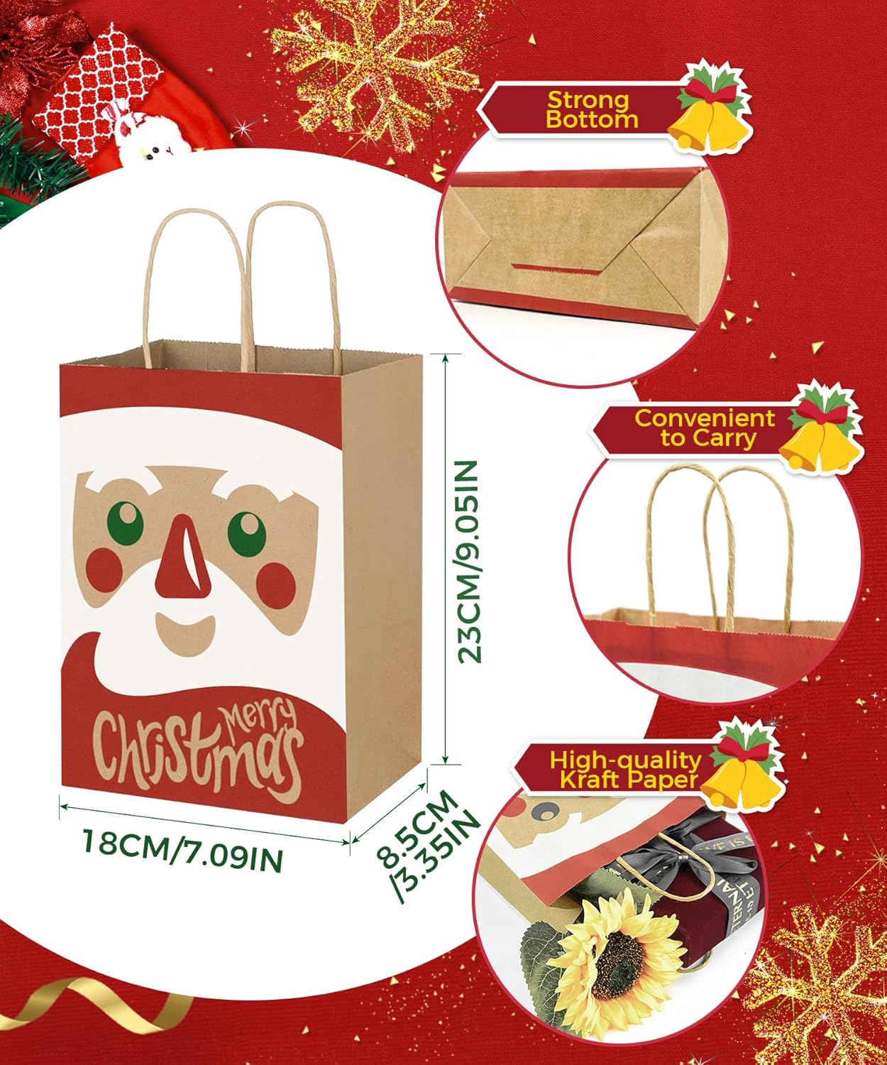 12 Pack Christmas Gift Bags with Handles – 6 Festive Designs Kraft Paper Gift Bags for Holiday Presents, Xmas Party Supplies & Gift Wrapping | Reusable Medium Kraft Bags 180×85×230mm