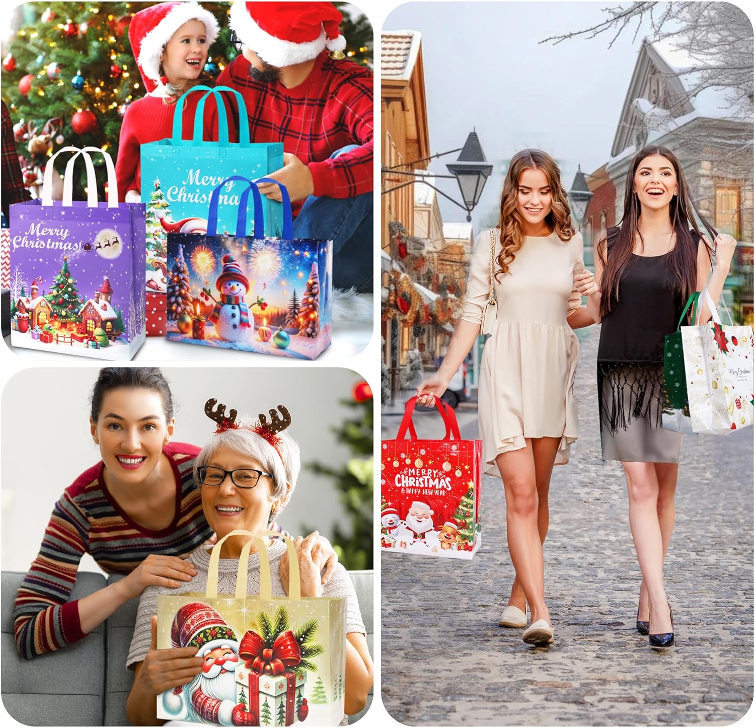 12 Pack Large Christmas Tote Bags – Reusable Non-Woven Xmas Gift Bags with Handles in 12 Festive Designs | 8 Large 14" & 4 Medium 10" Waterproof Christmas Shopping Bags for Presents, Wrapping & Party Supplies