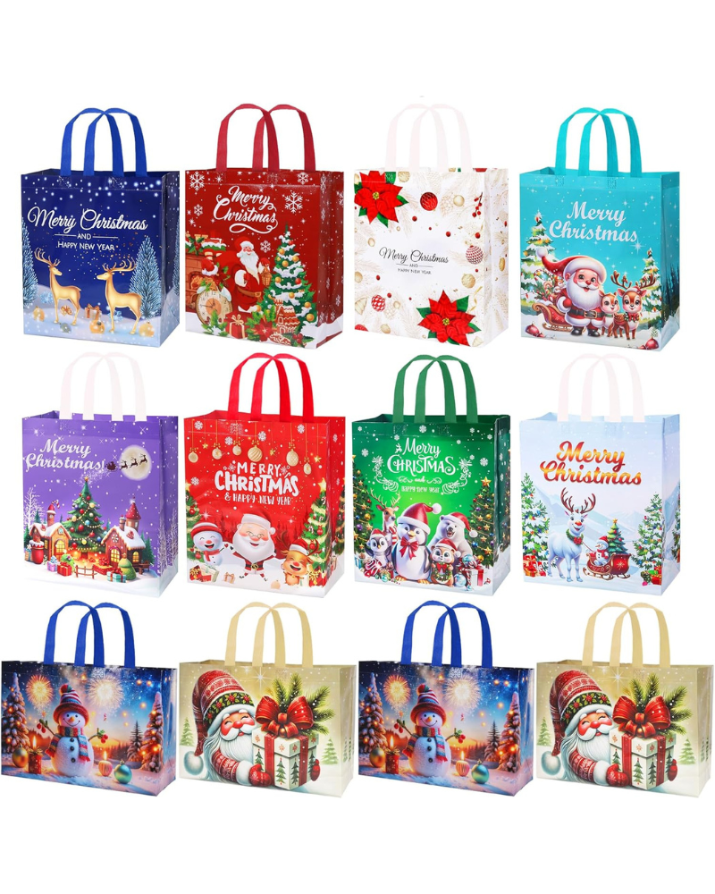 12 Pack Large Christmas Tote Bags – Reusable Non-Woven Xmas Gift Bags with Handles in 12 Festive Designs | 8 Large 14" & 4 Medium 10" Waterproof Christmas Shopping Bags for Presents, Wrapping & Party Supplies