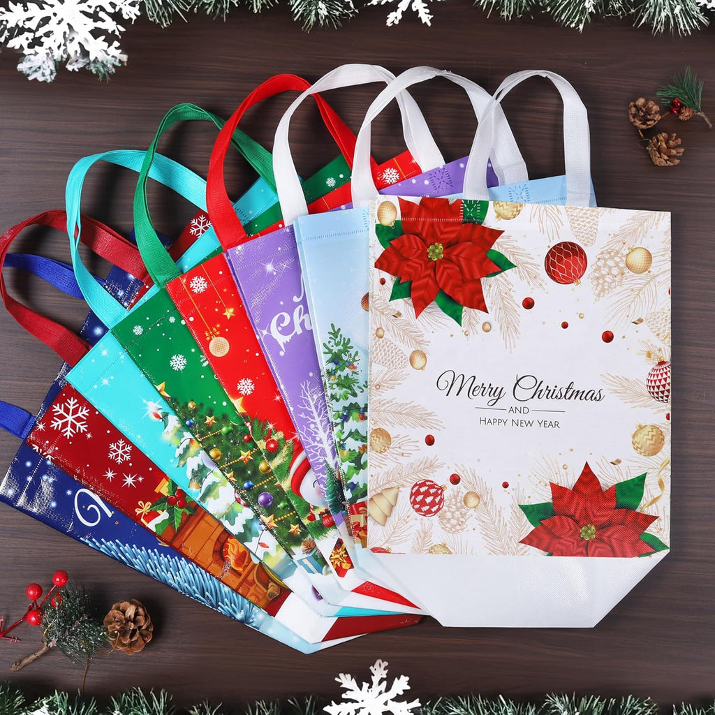 12 Pack Large Christmas Tote Bags – Reusable Non-Woven Xmas Gift Bags with Handles in 12 Festive Designs | 8 Large 14" & 4 Medium 10" Waterproof Christmas Shopping Bags for Presents, Wrapping & Party Supplies