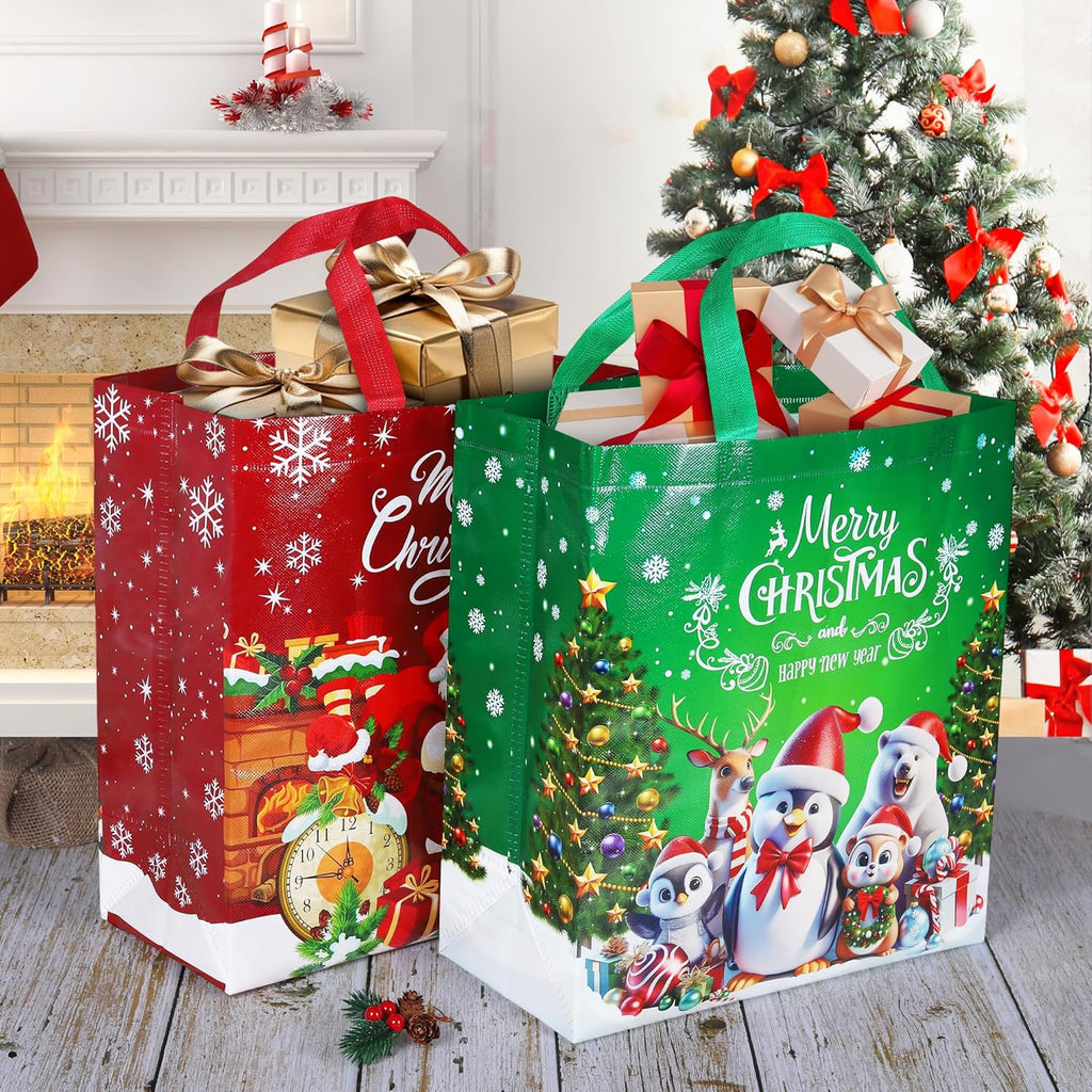 12 Pack Large Christmas Tote Bags – Reusable Non-Woven Xmas Gift Bags with Handles in 12 Festive Designs | 8 Large 14" & 4 Medium 10" Waterproof Christmas Shopping Bags for Presents, Wrapping & Party Supplies
