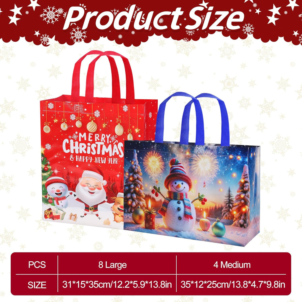 12 Pack Large Christmas Tote Bags – Reusable Non-Woven Xmas Gift Bags with Handles in 12 Festive Designs | 8 Large 14" & 4 Medium 10" Waterproof Christmas Shopping Bags for Presents, Wrapping & Party Supplies
