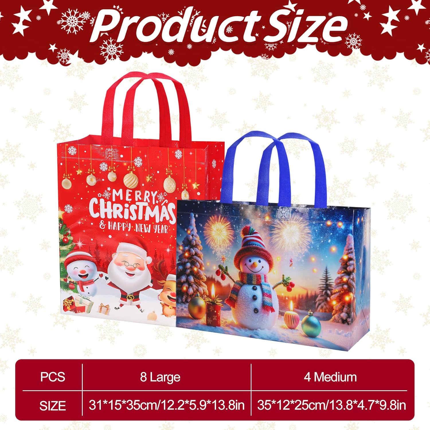 12 Pack Large Christmas Tote Bags – Reusable Non-Woven Xmas Gift Bags with Handles in 12 Festive Designs | 8 Large 14" & 4 Medium 10" Waterproof Christmas Shopping Bags for Presents, Wrapping & Party Supplies