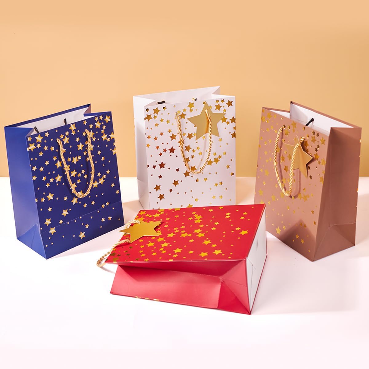 12 Pack Medium Gift Bags with Handles – 9'' Star Printed Paper Bags with Tissue Paper & Gift Tags | Reusable Thick Kraft Gift Bags for Men & Women, Birthday, Wedding, Christmas, Father’s Day & Any Occasion (Multi Color)