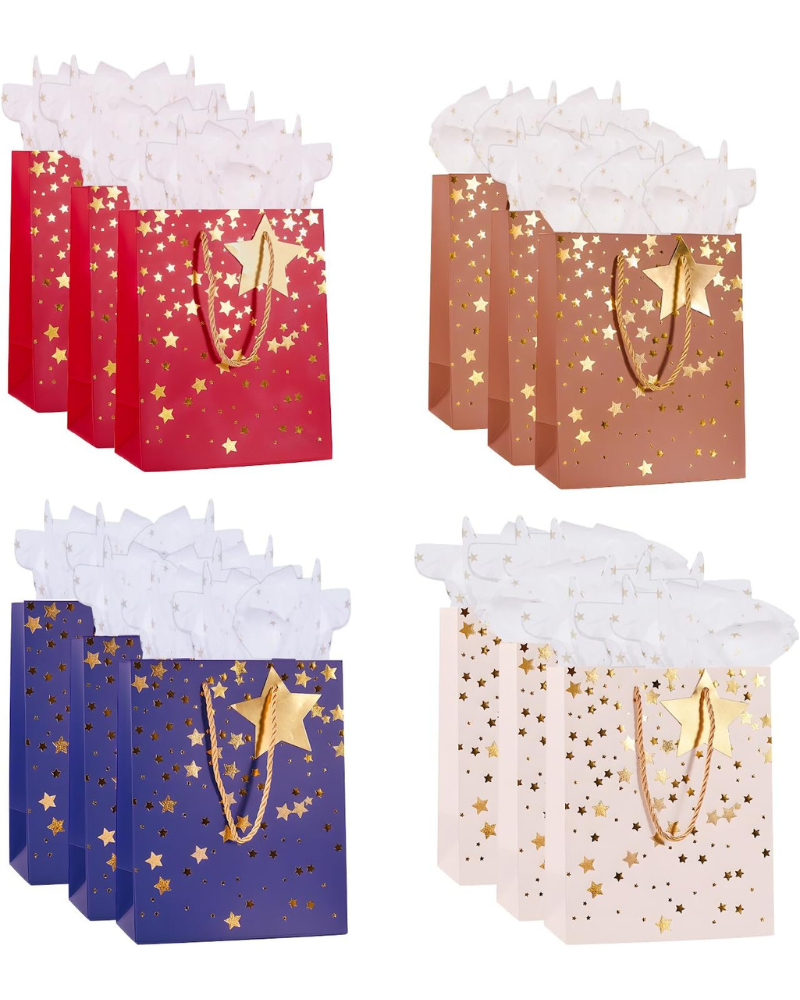 12 Pack Medium Gift Bags with Handles – 9'' Star Printed Paper Bags with Tissue Paper & Gift Tags | Reusable Thick Kraft Gift Bags for Men & Women, Birthday, Wedding, Christmas, Father’s Day & Any Occasion (Multi Color)