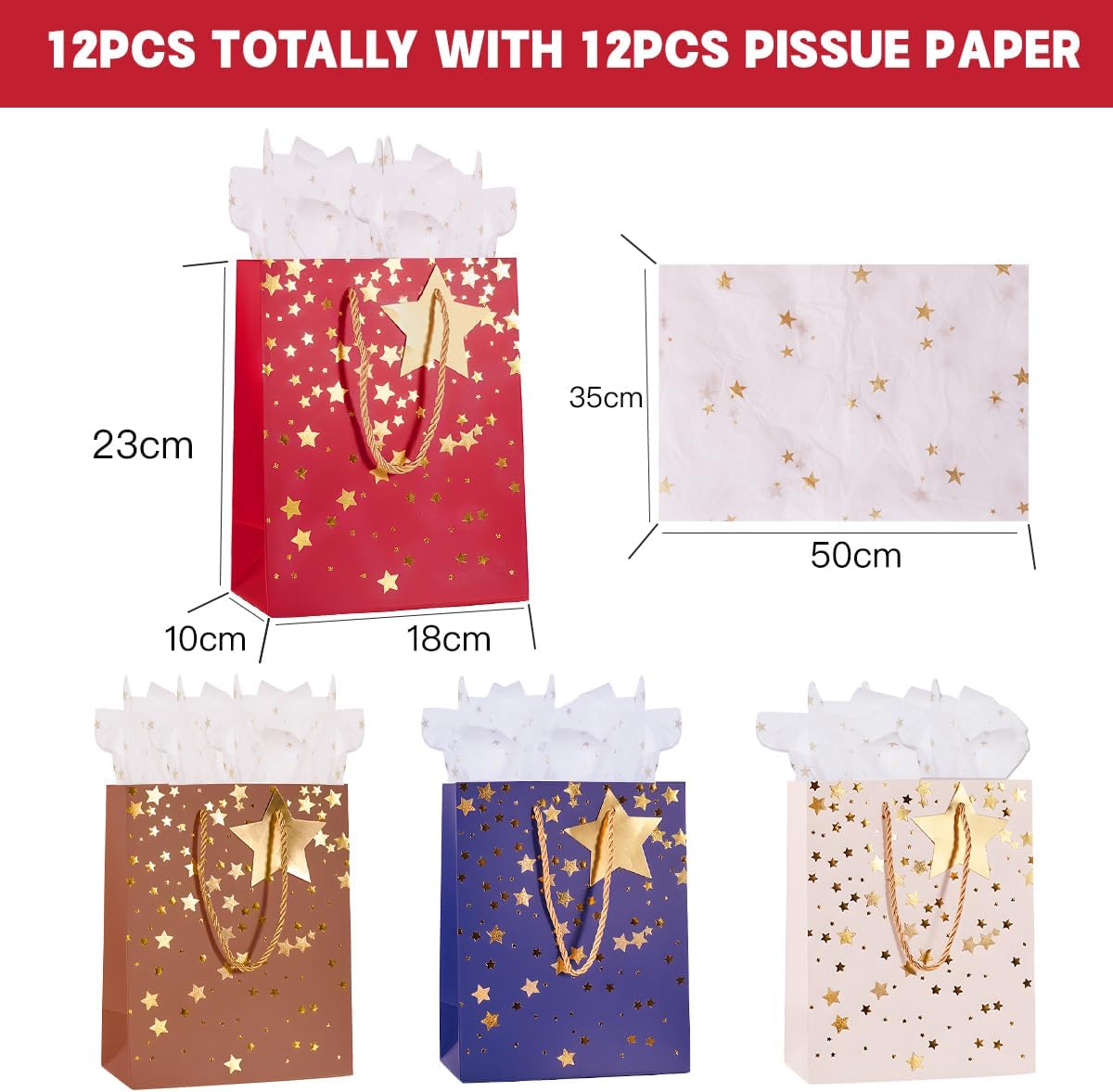 12 Pack Medium Gift Bags with Handles – 9'' Star Printed Paper Bags with Tissue Paper & Gift Tags | Reusable Thick Kraft Gift Bags for Men & Women, Birthday, Wedding, Christmas, Father’s Day & Any Occasion (Multi Color)