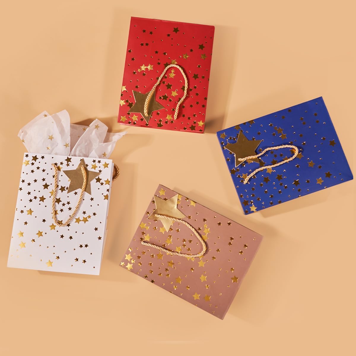 12 Pack Medium Gift Bags with Handles – 9'' Star Printed Paper Bags with Tissue Paper & Gift Tags | Reusable Thick Kraft Gift Bags for Men & Women, Birthday, Wedding, Christmas, Father’s Day & Any Occasion (Multi Color)