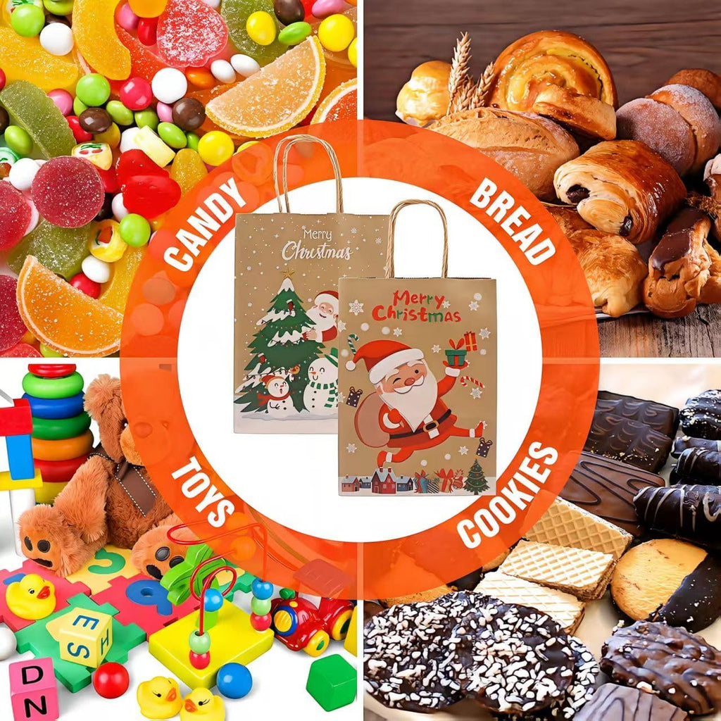 12pcs Christmas Gift Bags with Handles – 6 Styles Xmas Kraft Paper Bags, Small Holiday Gift Bags for Wrapping Presents, Party Supplies – 22 x 16 x 8 cm