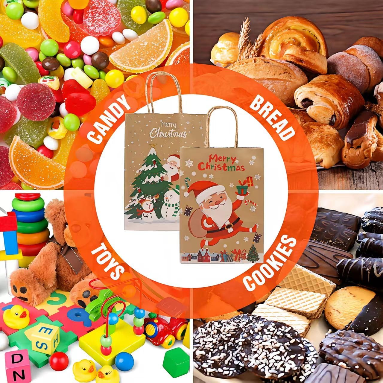 12pcs Christmas Gift Bags with Handles – 6 Styles Xmas Kraft Paper Bags, Small Holiday Gift Bags for Wrapping Presents, Party Supplies – 22 x 16 x 8 cm