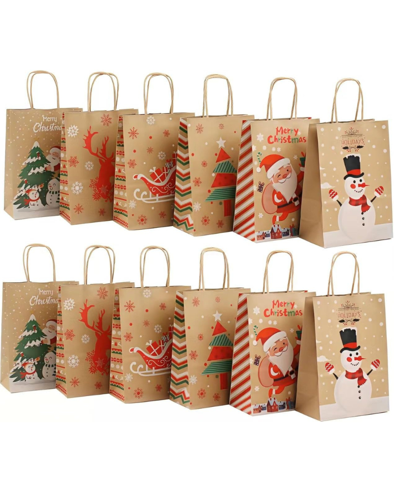 12pcs Christmas Gift Bags with Handles – 6 Styles Xmas Kraft Paper Bags, Small Holiday Gift Bags for Wrapping Presents, Party Supplies – 22 x 16 x 8 cm