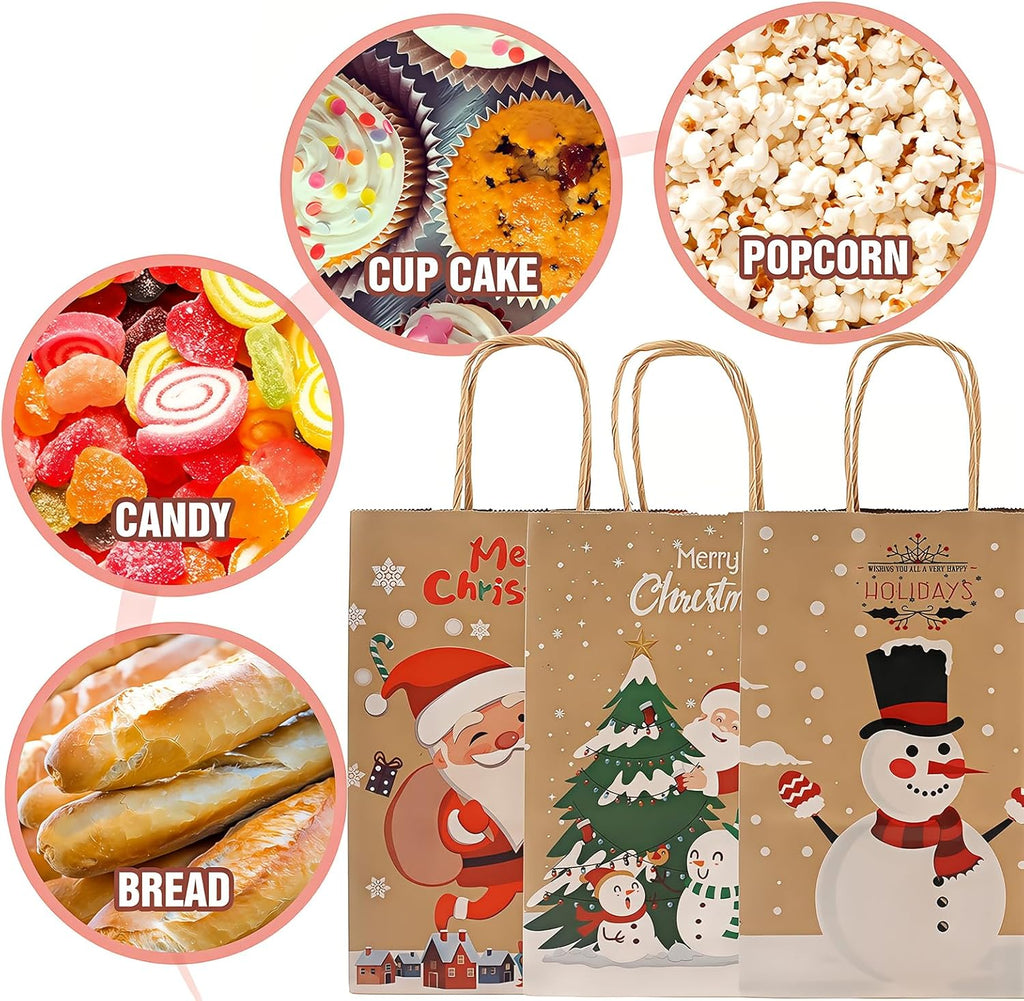 12pcs Christmas Gift Bags with Handles – 6 Styles Xmas Kraft Paper Bags, Small Holiday Gift Bags for Wrapping Presents, Party Supplies – 22 x 16 x 8 cm