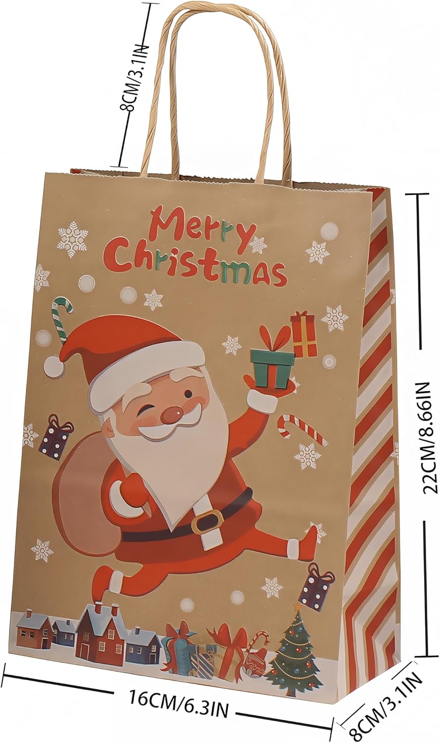 12pcs Christmas Gift Bags with Handles – 6 Styles Xmas Kraft Paper Bags, Small Holiday Gift Bags for Wrapping Presents, Party Supplies – 22 x 16 x 8 cm