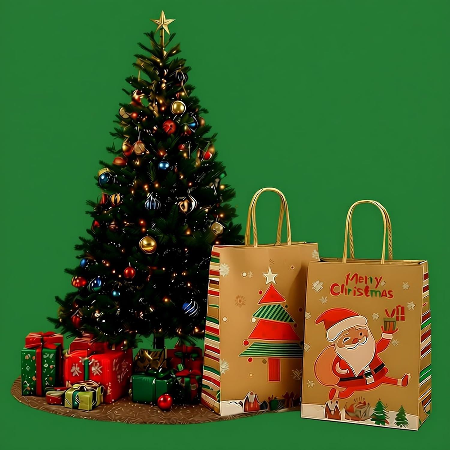 12pcs Christmas Gift Bags with Handles – 6 Styles Xmas Kraft Paper Bags, Small Holiday Gift Bags for Wrapping Presents, Party Supplies – 22 x 16 x 8 cm
