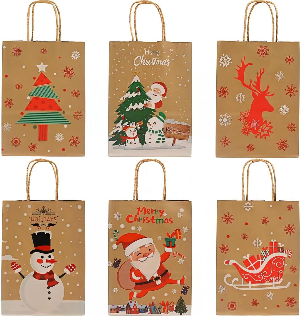 12pcs Christmas Gift Bags with Handles – 6 Styles Xmas Kraft Paper Bags, Small Holiday Gift Bags for Wrapping Presents, Party Supplies – 22 x 16 x 8 cm