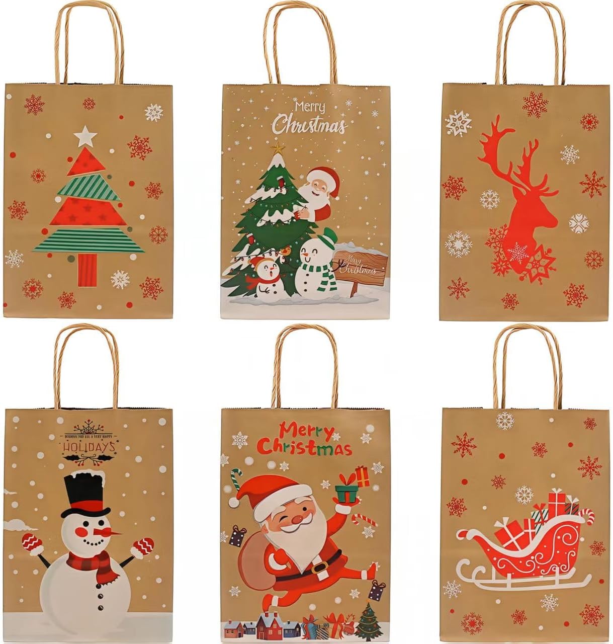 12pcs Christmas Gift Bags with Handles – 6 Styles Xmas Kraft Paper Bags, Small Holiday Gift Bags for Wrapping Presents, Party Supplies – 22 x 16 x 8 cm
