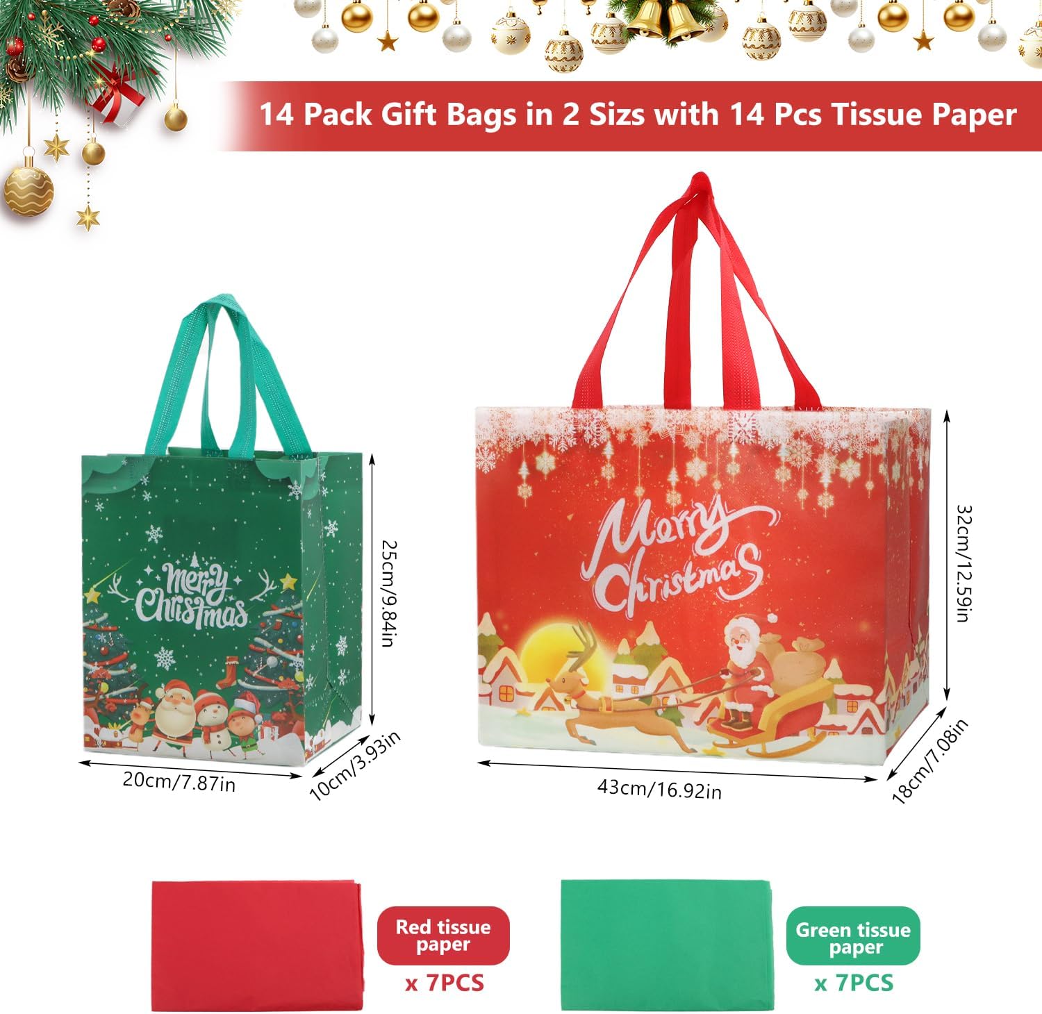14 Pack Christmas Gift Bags with Tissue Paper – Assorted Sizes Non-Woven Reusable Xmas Tote Bags with Handles (8 Large & 6 Medium) – Waterproof Christmas Party Bags for Friends, Family & Kids Presents