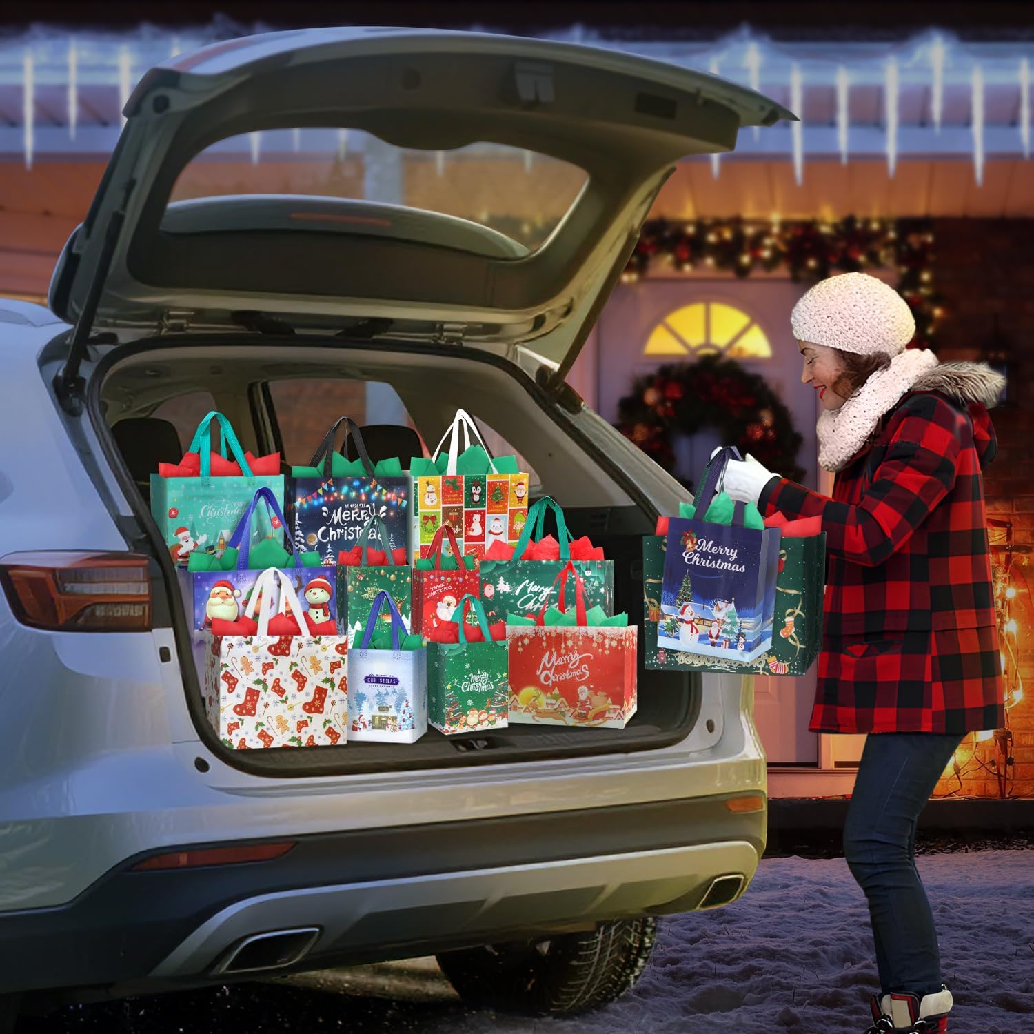 14 Pack Christmas Gift Bags with Tissue Paper – Assorted Sizes Non-Woven Reusable Xmas Tote Bags with Handles (8 Large & 6 Medium) – Waterproof Christmas Party Bags for Friends, Family & Kids Presents