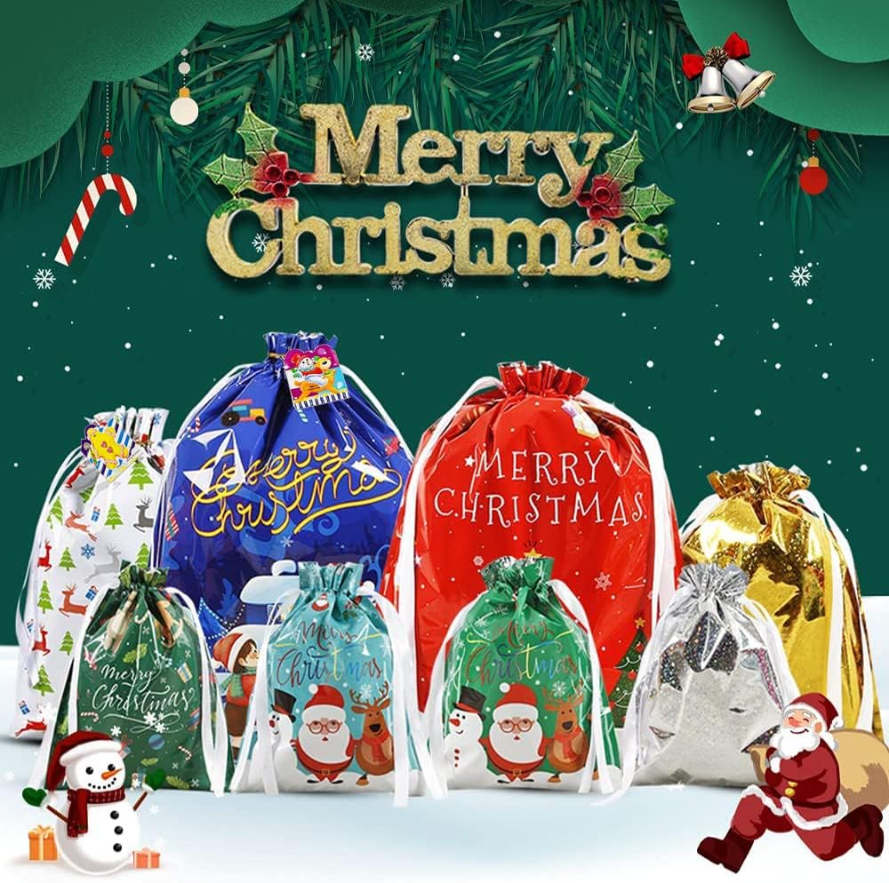 15 Pack Christmas Drawstring Gift Bags – 8 Festive Designs, 4 Sizes with 16 Gift Tags | Reusable Foil Xmas Gift Bags for Presents, Candy & Party Favors | Large Christmas Wrapping Bags for Holiday Gifts