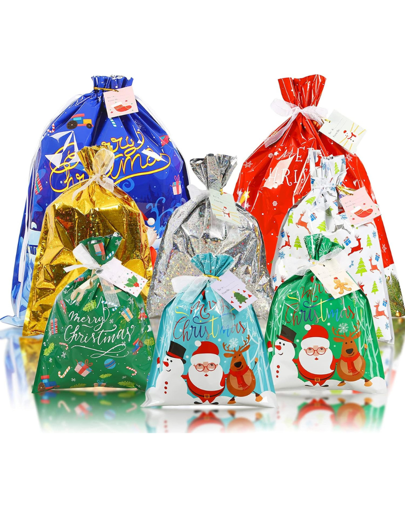 15 Pack Christmas Drawstring Gift Bags – 8 Festive Designs, 4 Sizes with 16 Gift Tags | Reusable Foil Xmas Gift Bags for Presents, Candy & Party Favors | Large Christmas Wrapping Bags for Holiday Gifts