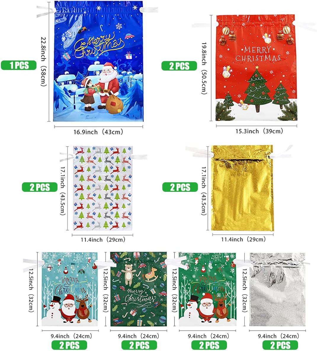 15 Pack Christmas Drawstring Gift Bags – 8 Festive Designs, 4 Sizes with 16 Gift Tags | Reusable Foil Xmas Gift Bags for Presents, Candy & Party Favors | Large Christmas Wrapping Bags for Holiday Gifts