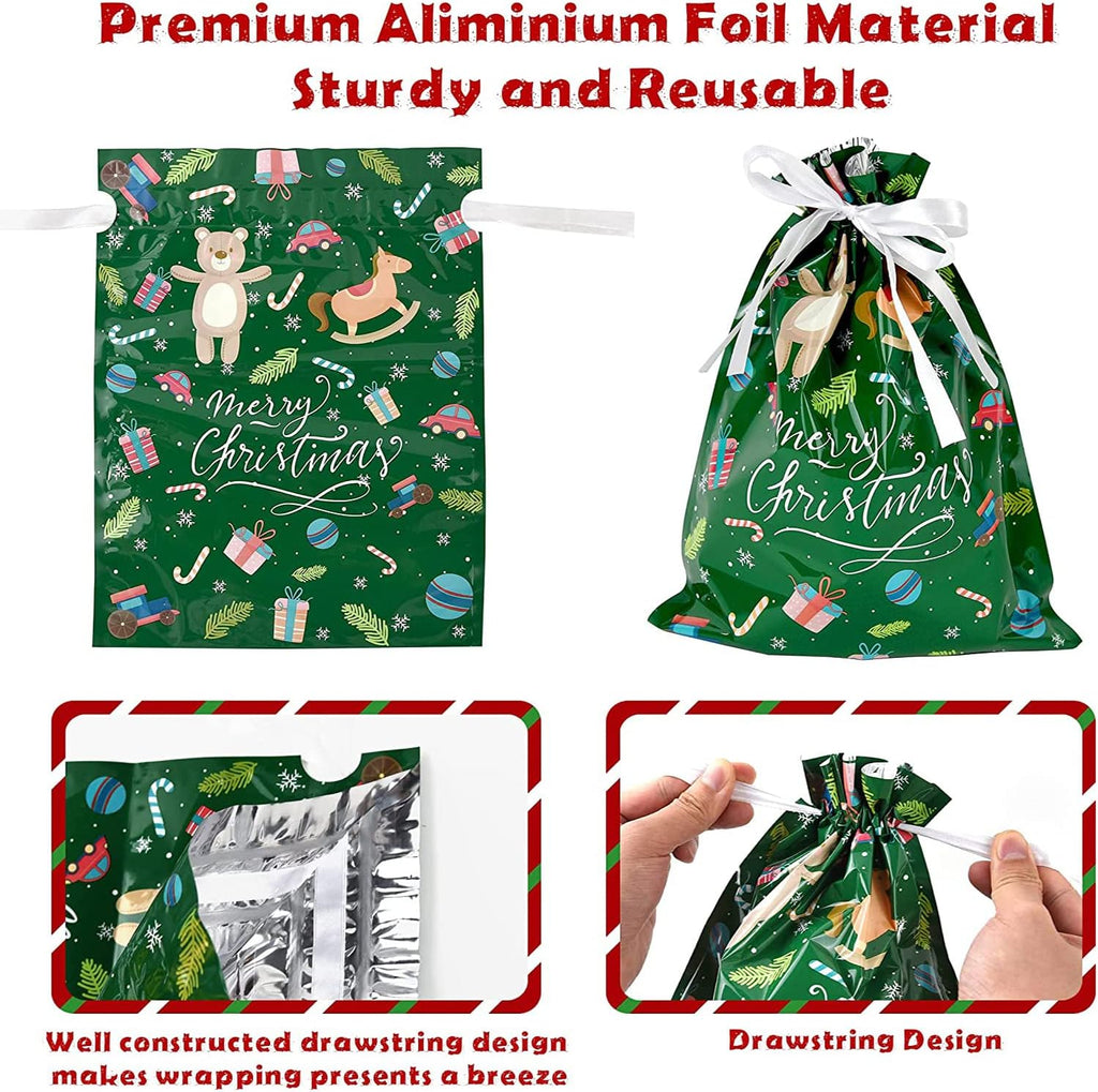 15 Pack Christmas Drawstring Gift Bags – 8 Festive Designs, 4 Sizes with 16 Gift Tags | Reusable Foil Xmas Gift Bags for Presents, Candy & Party Favors | Large Christmas Wrapping Bags for Holiday Gifts