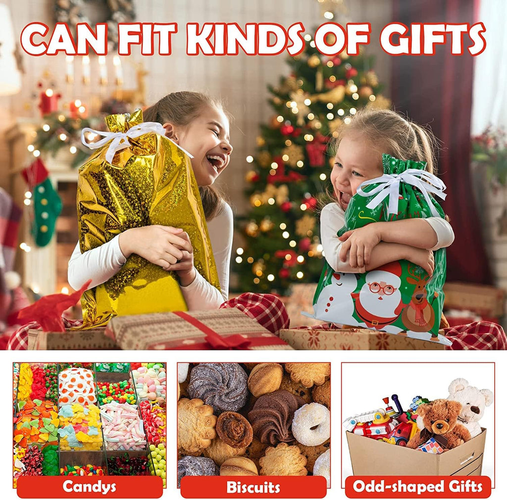 15 Pack Christmas Drawstring Gift Bags – 8 Festive Designs, 4 Sizes with 16 Gift Tags | Reusable Foil Xmas Gift Bags for Presents, Candy & Party Favors | Large Christmas Wrapping Bags for Holiday Gifts