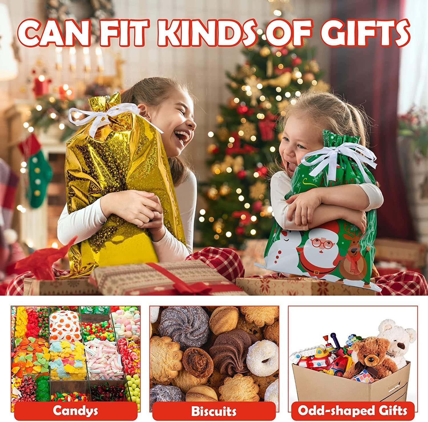 15 Pack Christmas Drawstring Gift Bags – 8 Festive Designs, 4 Sizes with 16 Gift Tags | Reusable Foil Xmas Gift Bags for Presents, Candy & Party Favors | Large Christmas Wrapping Bags for Holiday Gifts