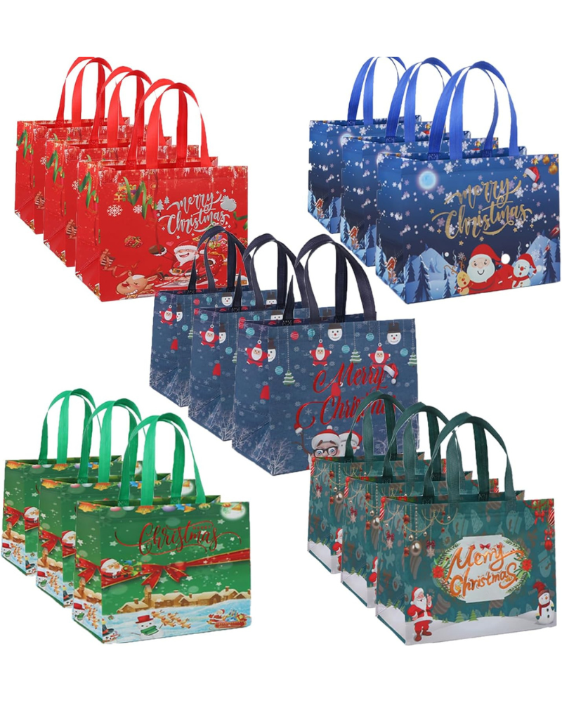 15 Pack Christmas Tote Bags Mix Color Set, Reusable Tote Bag With Handle, Christmas Fashionable Bag Foldable Water Resistant Gift Shopping Bag for Xmas Party