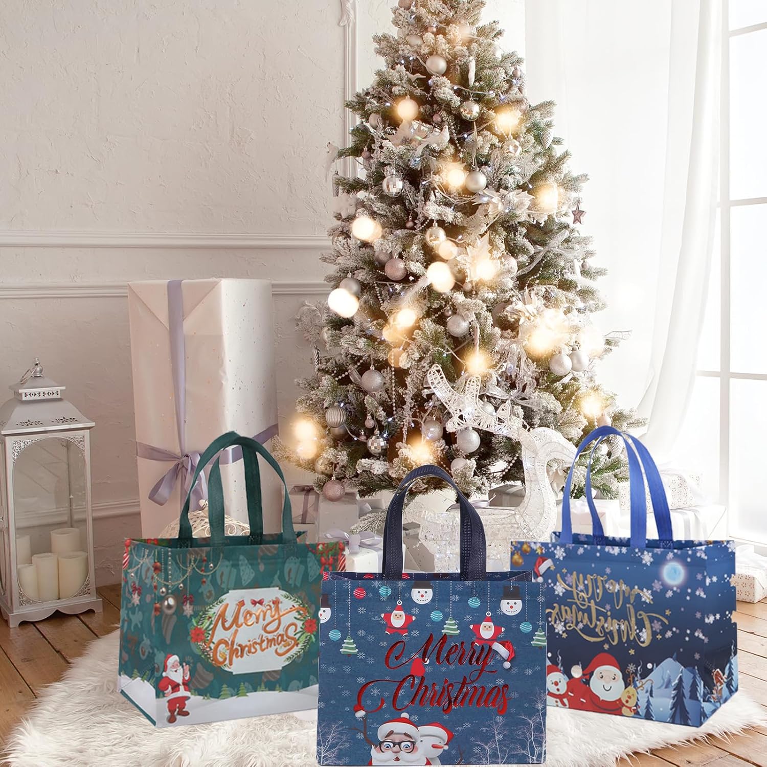 15 Pack Christmas Tote Bags Mix Color Set, Reusable Tote Bag With Handle, Christmas Fashionable Bag Foldable Water Resistant Gift Shopping Bag for Xmas Party