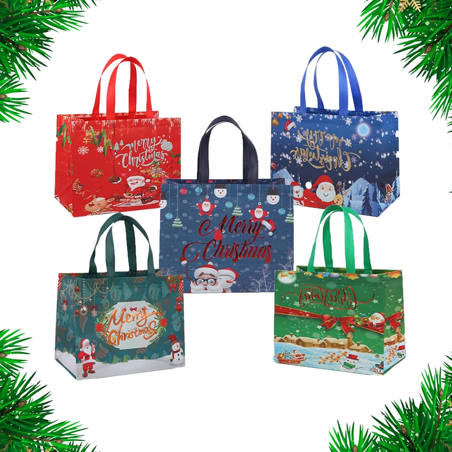 5 Pack Christmas Tote Bags Mix Color Set, Reusable Tote Bag With Handle, Christmas Fashionable Bag Foldable Water Resistant Gift Shopping Bag for Xmas Party