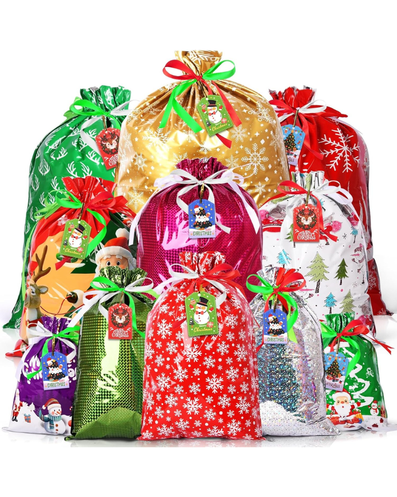 16pcs Christmas Drawstring Gift Bags with 16 Tags – 5 Sizes Reusable Xmas Wrapping Bags, Large Medium Small Holiday Gift Goody Bags for Party Decorations & Presents